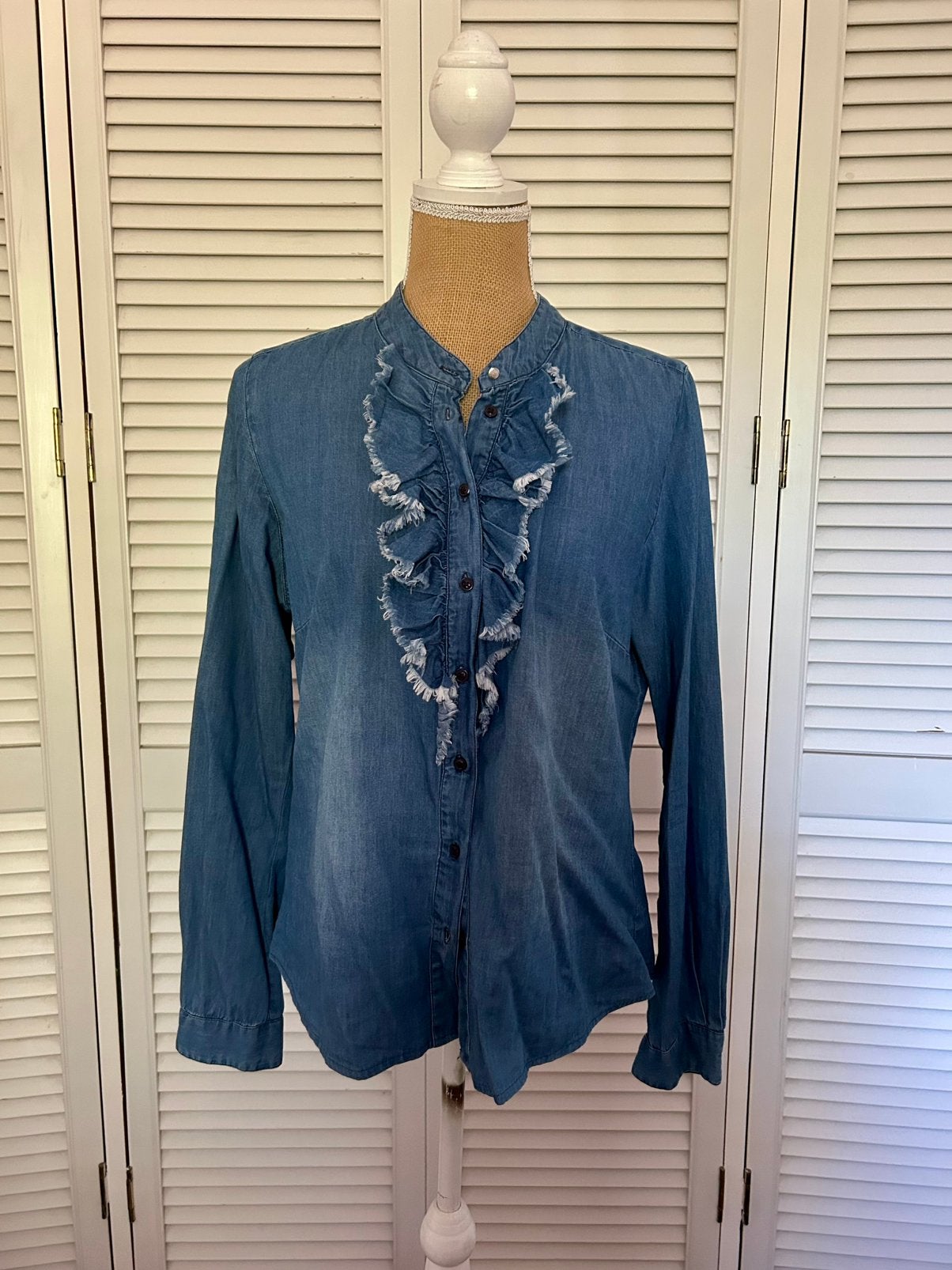 Geisha spijkerblouse met ruche maat 38, Ophalen of Verzenden, Zo goed als nieuw, Maat 38/40 (M), Blauw