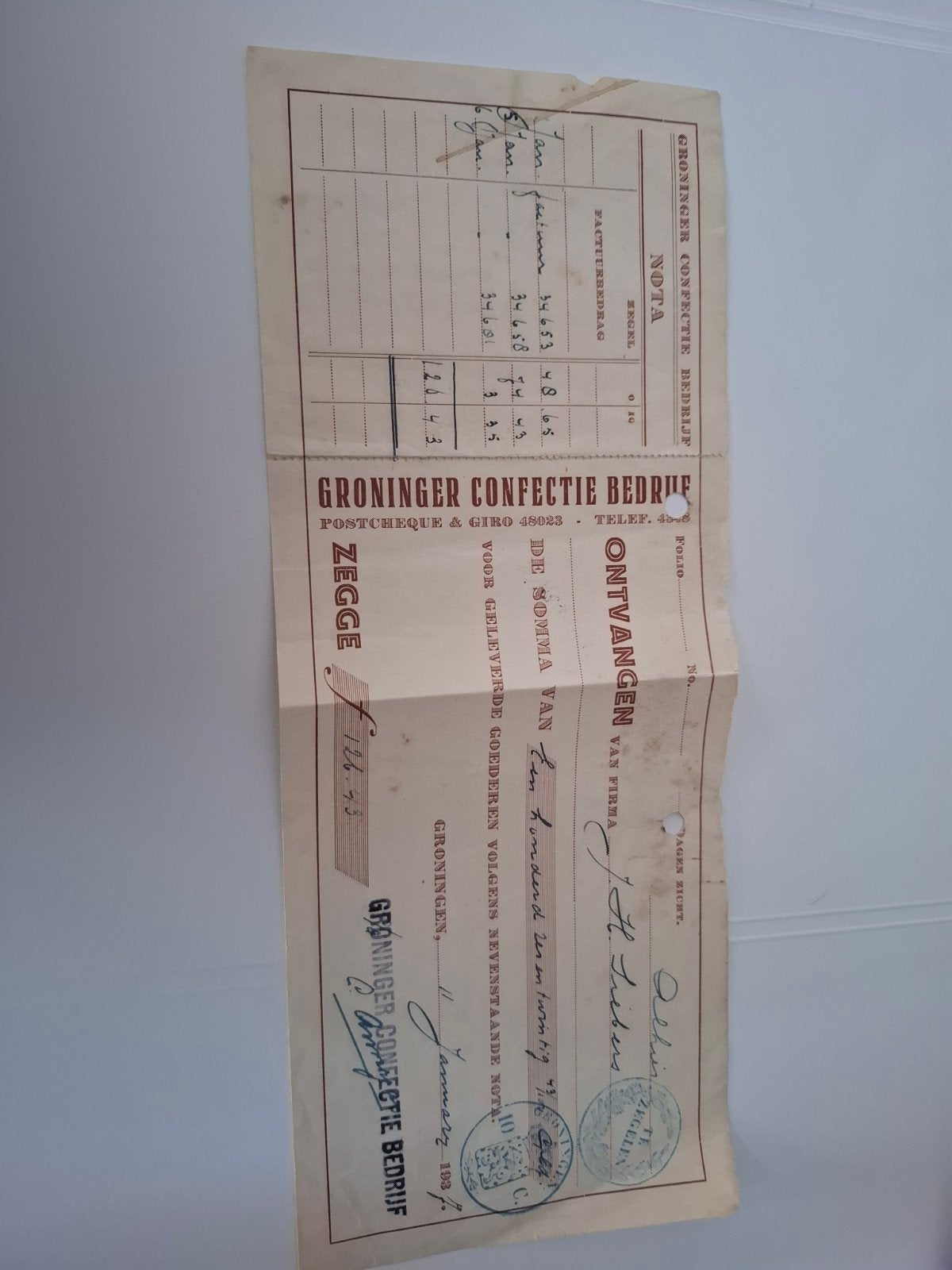 Nota Groninger Confectie Bedrijf 1930, Ophalen of Verzenden, 1920 tot 1940, Nederland, Knipsel(s)