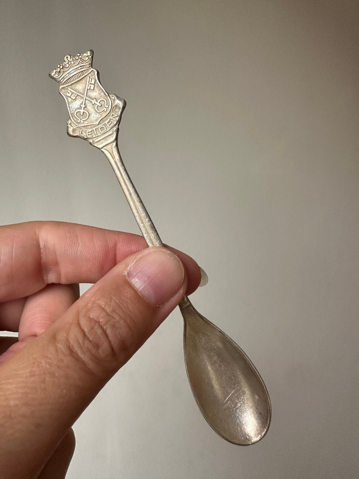 Vintage zilveren theelepel met wapen van Leiden, Ophalen of Verzenden