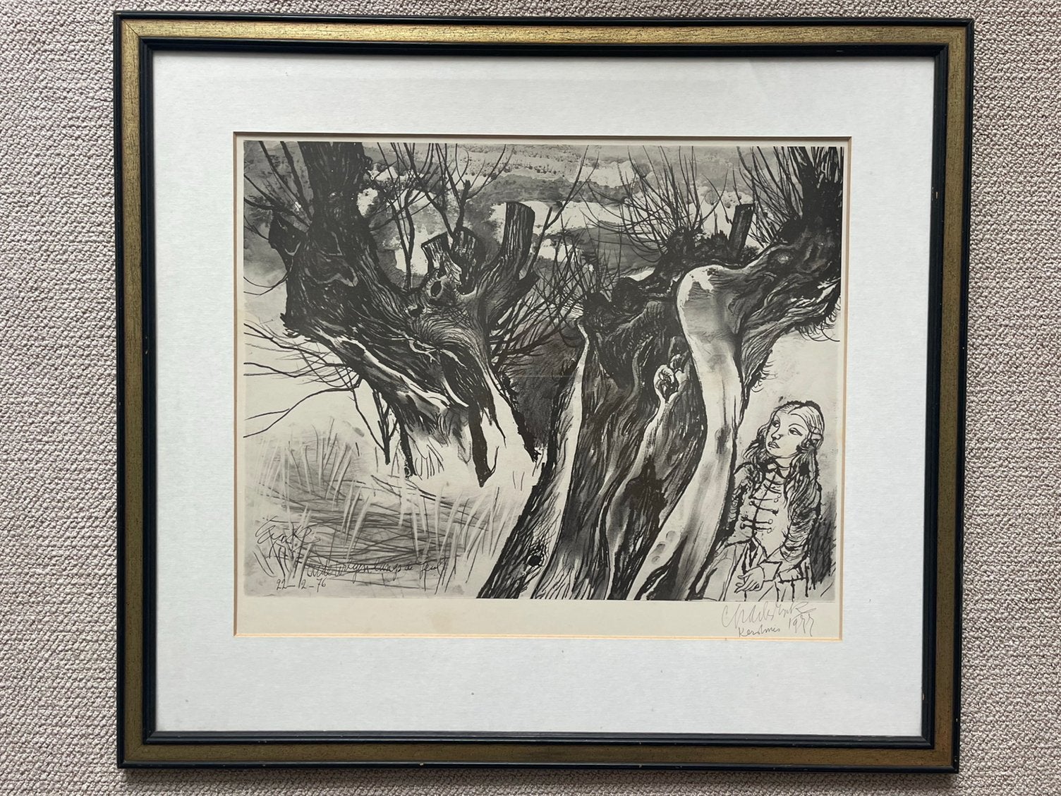 Charles Eyck – "Oude wilgen aan de Geul" – gesigneerde litho, Antiek en Kunst, Ophalen of Verzenden, Ingelijst, Landschappen, Lithografie