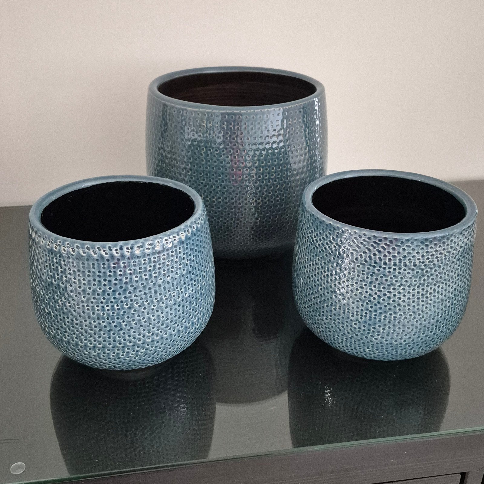 Set van 3 blauwe bloempotten met textuur, Ophalen, Rond, Binnen, Zo goed als nieuw
