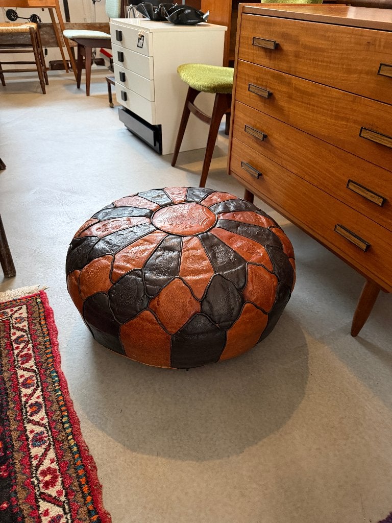 Vintage Marokkaanse poef, ottoman patchwork leren voetenbank, Ophalen, Gebruikt, -, -
