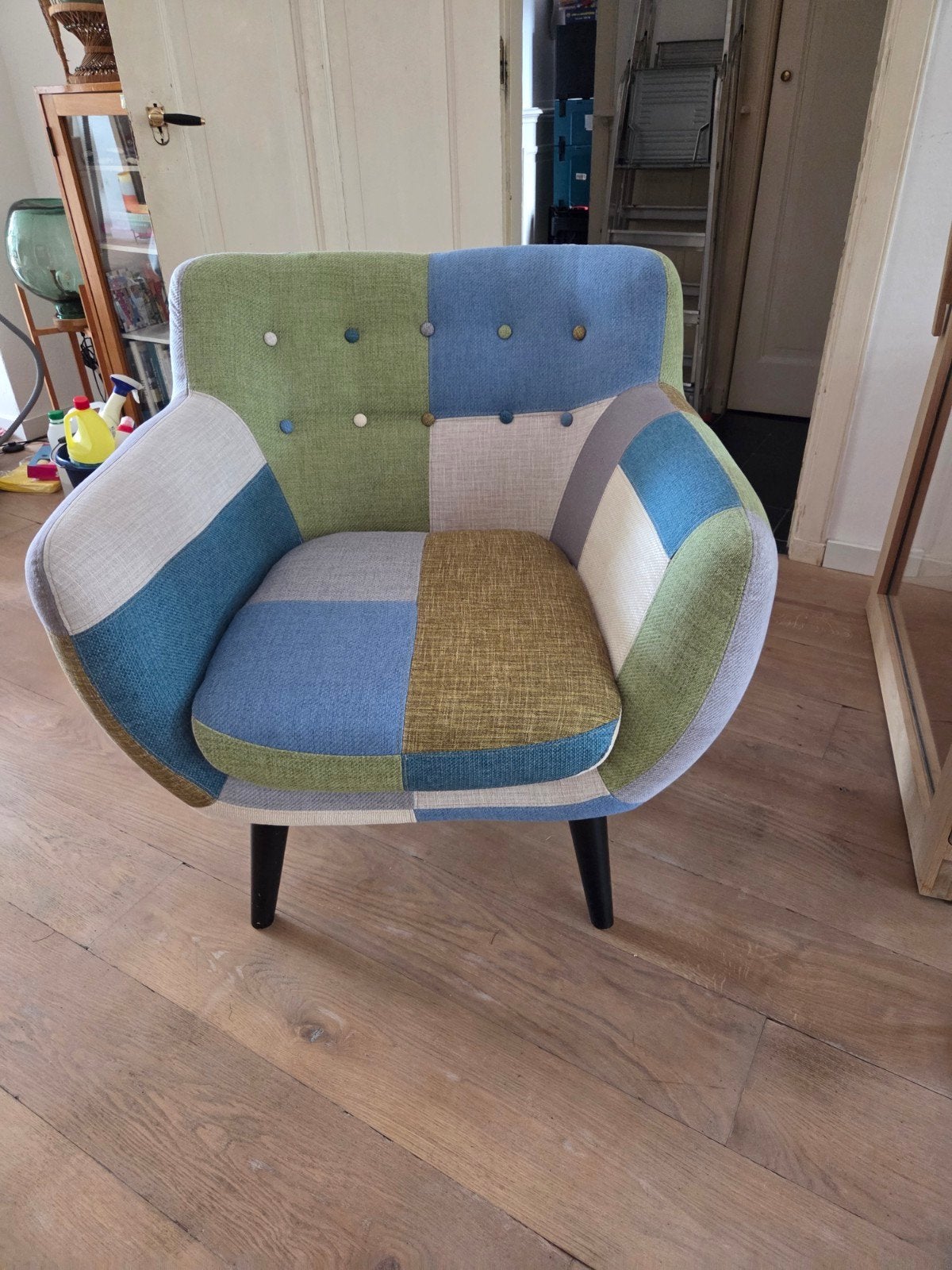 Patchwork fauteuil - stoel groen blauw, Huis en Inrichting, Fauteuils, Ophalen, Gebruikt, 75 tot 100 cm, 75 tot 100 cm