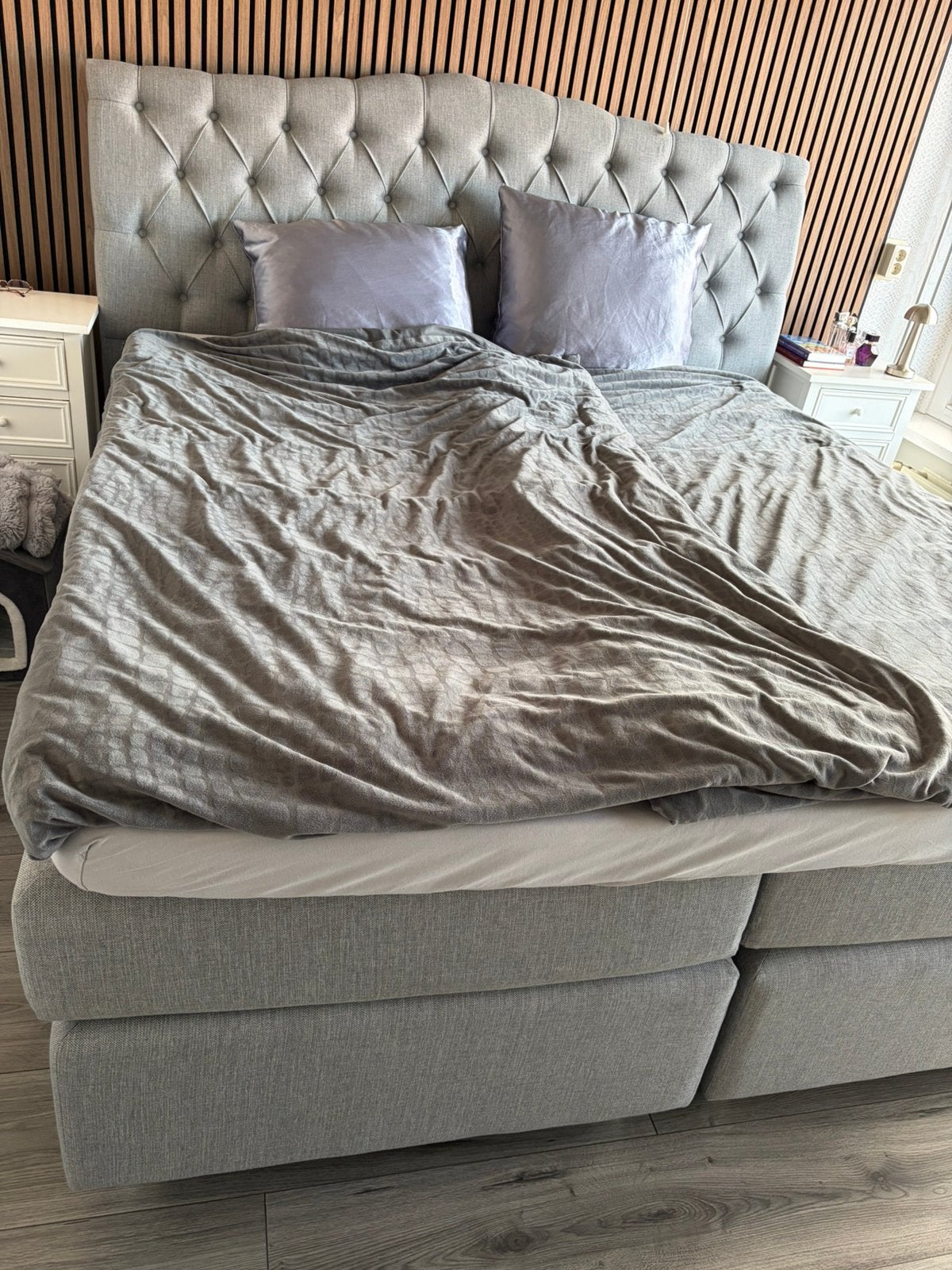 Grijze boxspring 180x200, Ophalen, Gebruikt, Tweepersoons, 180 cm