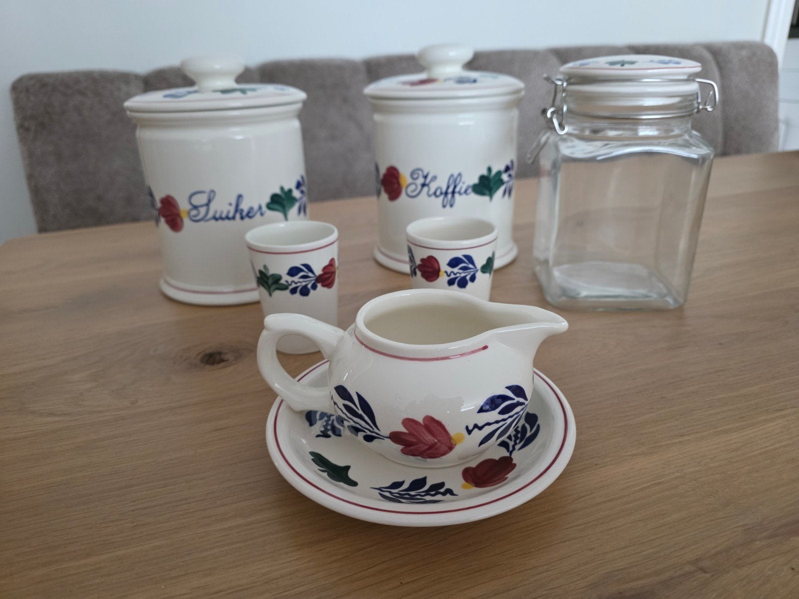 Boerenbont servies set - Suiker, Koffie, Melkkan, Eierdopjes, Gebruikt, Overige merken, Keramiek, Landelijk/Boerenbont