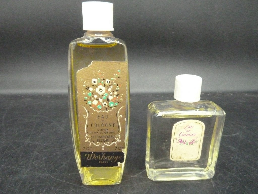 2 vintage glazen flesjes eau de cologne met etiket, Verzamelen, Parfumverzamelingen, Ophalen of Verzenden, Gebruikt, Parfumfles