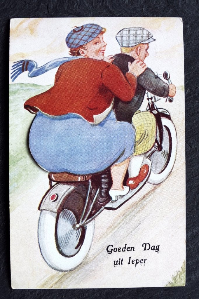 Klepjeskaart Op de motor, Goeden Dag uit Ieper, Verzamelen, Verzenden, 1920 tot 1940, Ongelopen, Voertuig