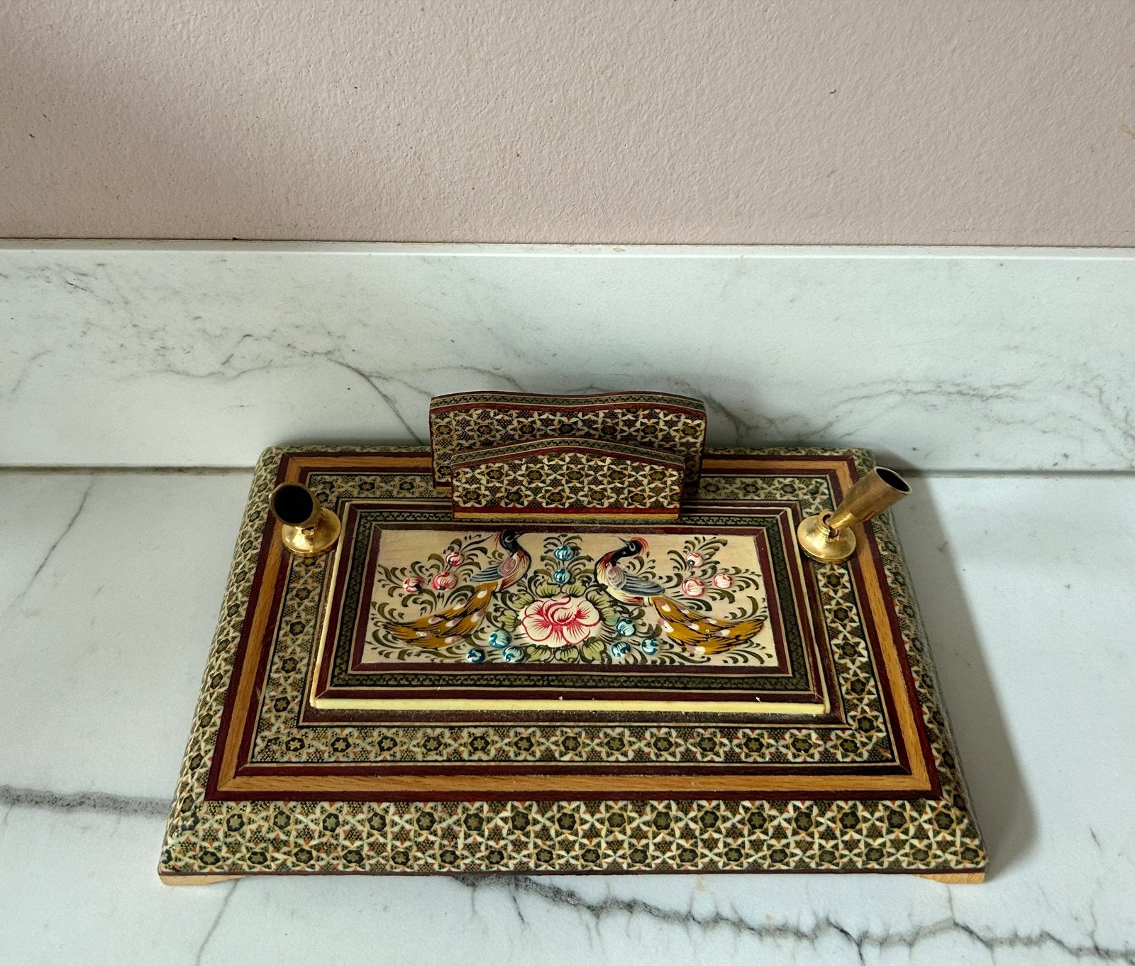 Vintage Perzische Khatamkari Bureauset met Pauwen & Bloemen, Ophalen of Verzenden
