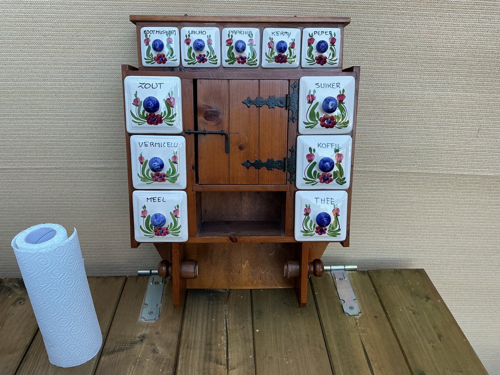 Vintage kruidenrek met 11 keramische potjes, Ophalen