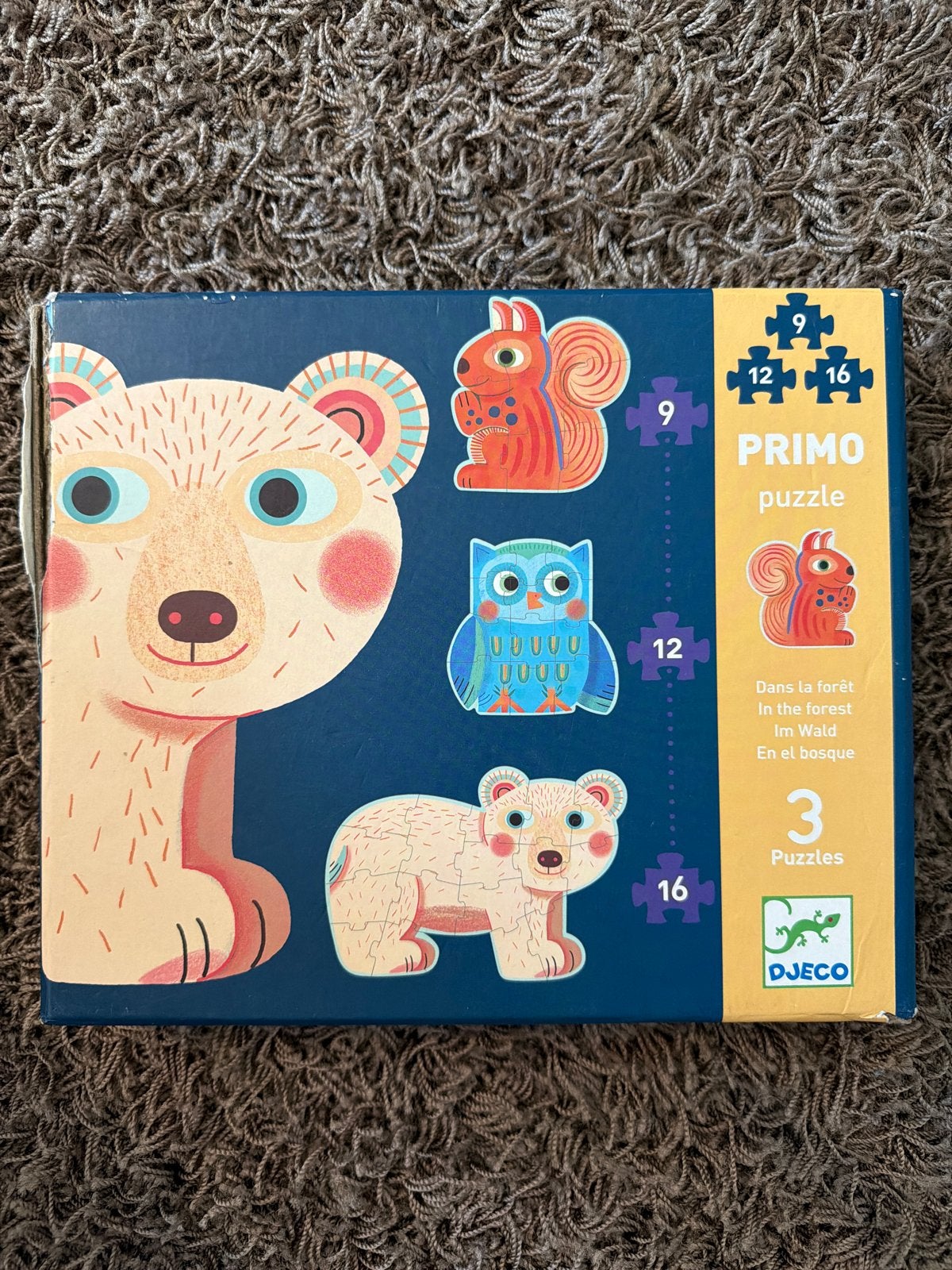 Djeco Primo Puzzel: Dieren in het bos (3 puzzels), Verzenden, Minder dan 500 stukjes, Gebruikt, Legpuzzel