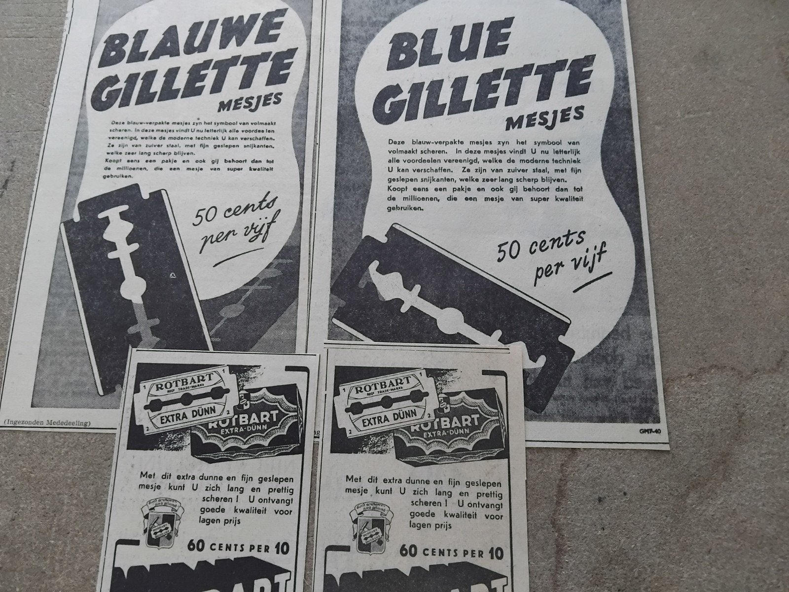 6xVintage scheermesjes advertenties - Gillette en Rotbart, Verzamelen, Ophalen of Verzenden, 1920 tot 1940, Nederland, Knipsel(s)