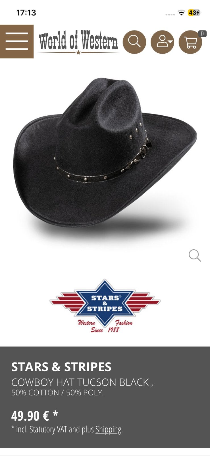 Western hoed, Stars & Stripes, zwart, maat 54, Ophalen of Verzenden, Zo goed als nieuw, 55 cm (S, 6⅞ inch) of minder