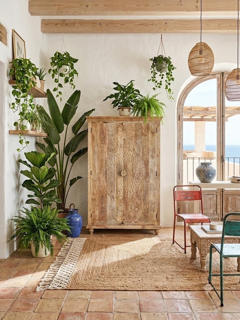 Handgesneden Kast uit India Uniek exemplaar Ibiza/Boho Nieuw, Ophalen, Met deur(en), 100 tot 150 cm, Ibiza/Boho/Botanisch