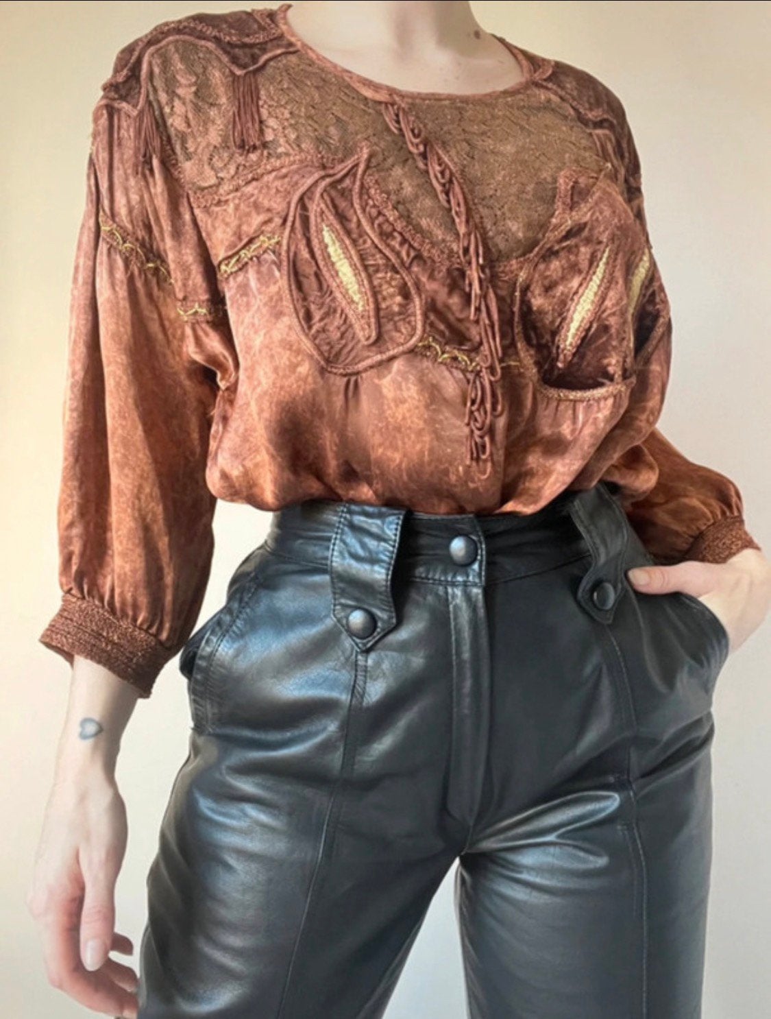 Vintage applicatie top, M, boho bohemian hippie glitter, Maat 38/40 (M), Bruin, Verzenden, Vintage