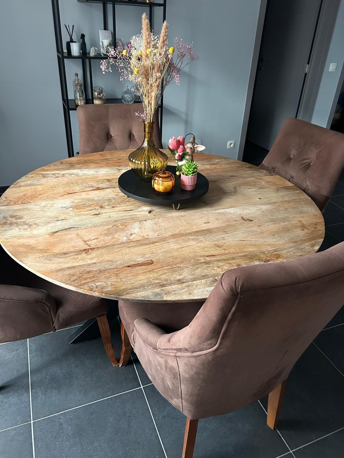Ronde mangohouten eettafel met 4 stoelen, Ophalen, Gebruikt, 100 tot 150 cm, Rond
