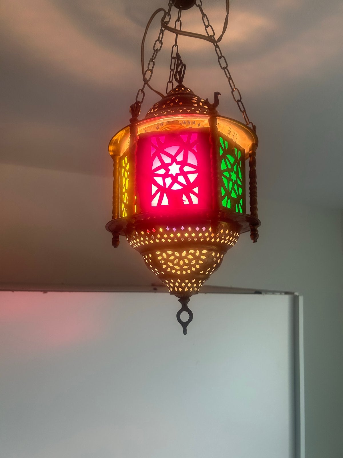 Prachtige Marokkaanse hanglamp met gekleurd glas, Marrokaans, Gebruikt, Metaal, E27 (groot)