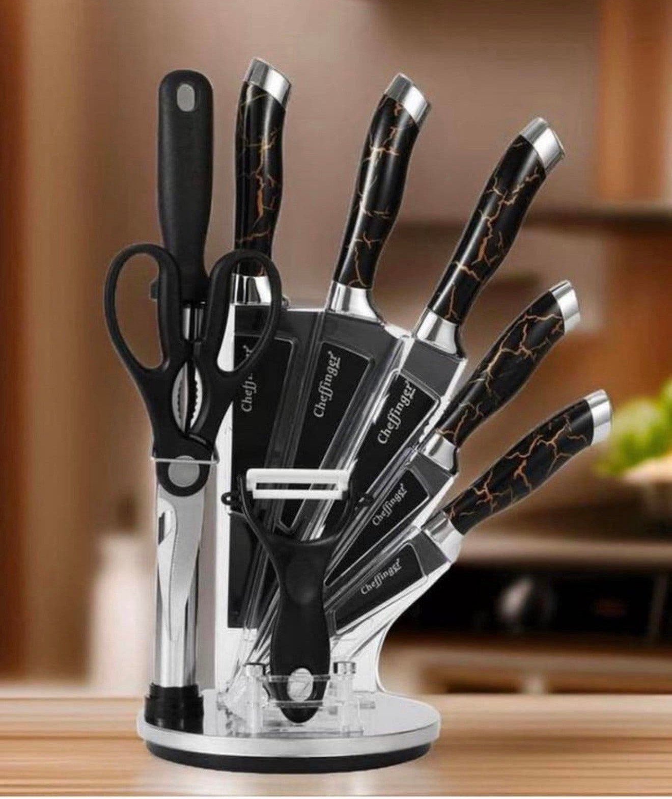 Cheffinger Messenset + voet 9-delig Zwart Rosé Goud Marmer, Huis en Inrichting, P, Bestekset, P, P