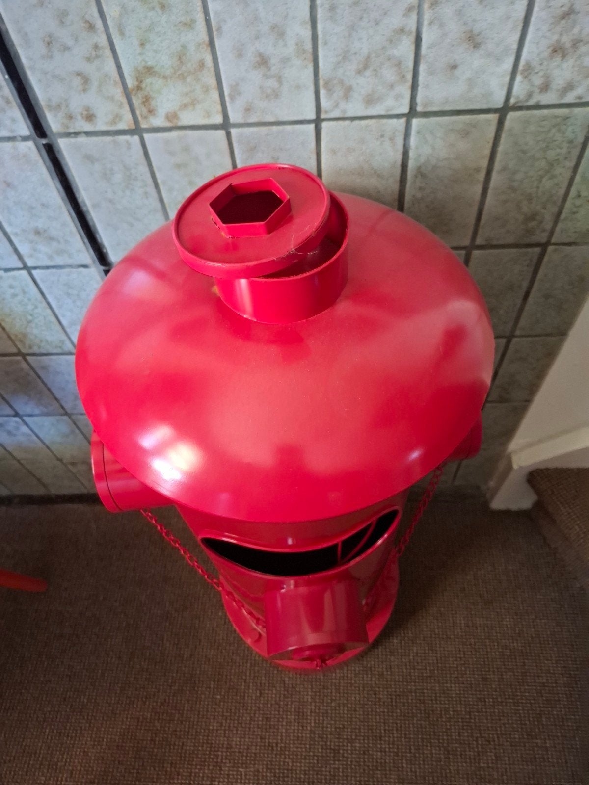 Rode metalen afvalbak in de vorm van een brandkraan, Ophalen of Verzenden, Gebruikt, Rood, Metaal