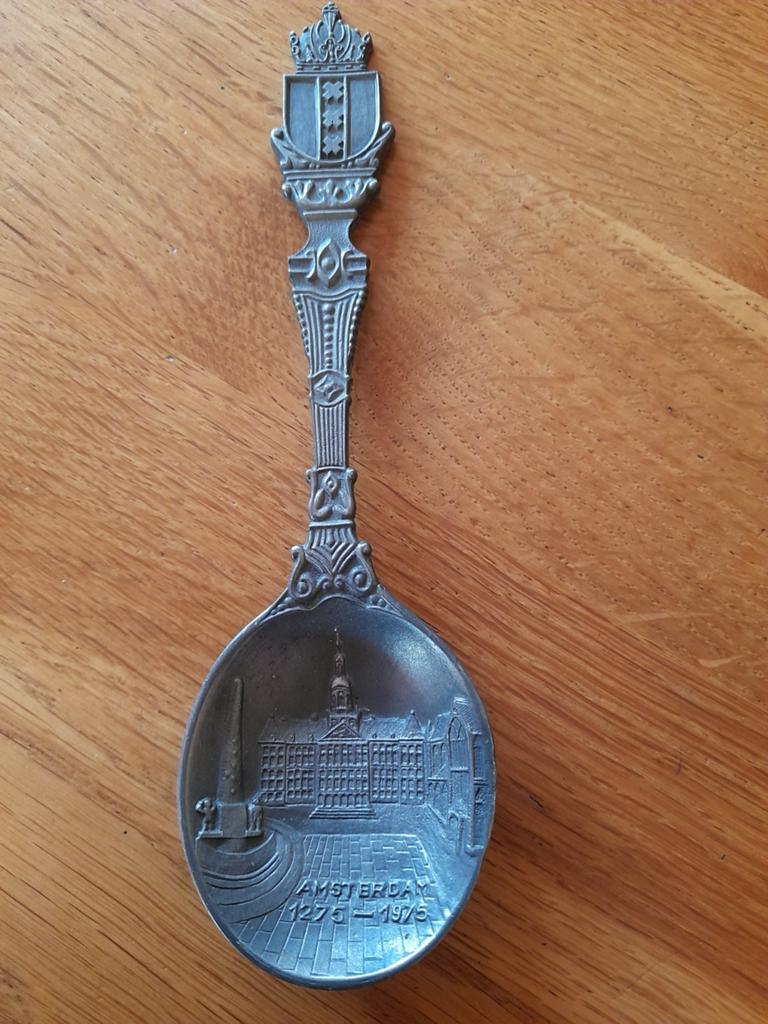 Tinnen lepel, afb Amsterdam, Antiek en Kunst, Ophalen of Verzenden