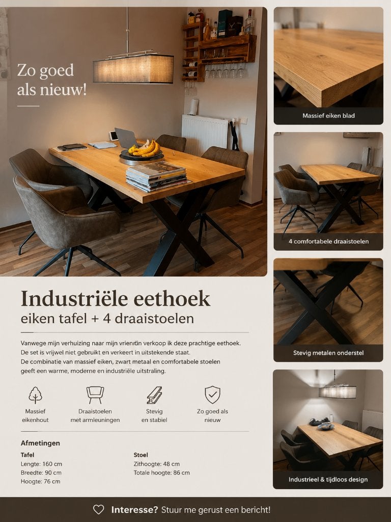 Industriële eiken eettafel + 4 luxe draaistoelen, Huis en Inrichting, Tafels | Eettafels, Ophalen, Industrieel Modern Landelijk modern (door het eiken blad) Scandi