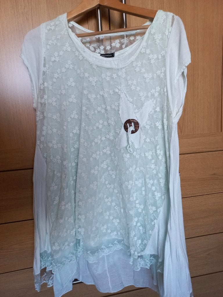 Mintgroene tuniek met kant en los hemd, km, maat 48., Ophalen of Verzenden, Gedragen, Groen, Blouse of Tuniek