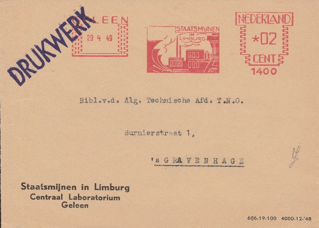 GELEEN 1949 enveloppenfront STAATSMIJNE CentraalLaboratorium, Ophalen of Verzenden, 1940 tot 1960, Gelopen, Limburg