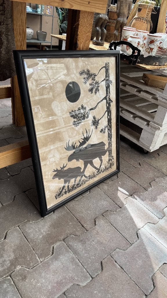 Ingelijst Batik Doek met Elanden Motief, Gebruikt, Verzenden, Beige, 30 tot 120 cm