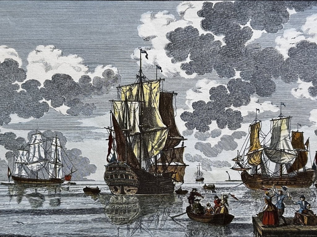 Vintage scheepsprent - Hollandse Oost-Indiëvaarders, 40 cm, Overige technieken, 50 cm, Blanco verso