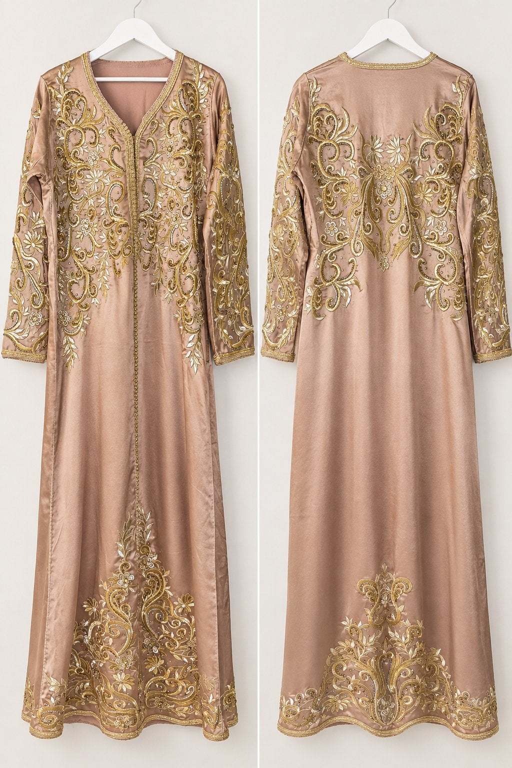Elegante Kaftan met Gouden Borduurwerk, Maat 38/40 (M), Beige, Ophalen of Verzenden, Zo goed als nieuw