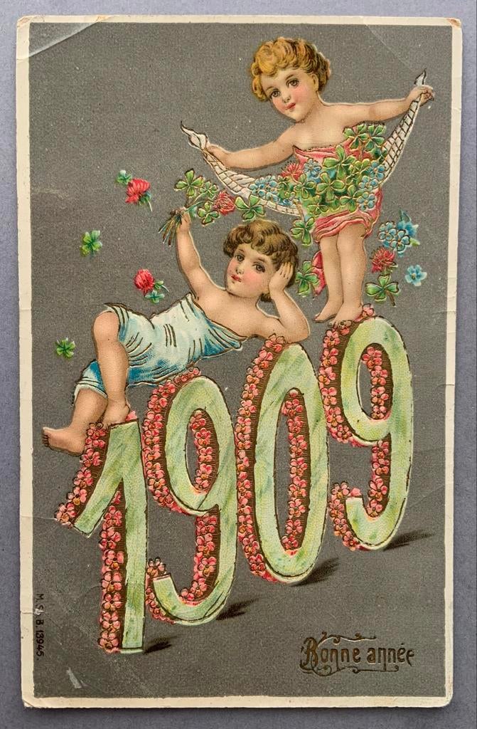 Mooie oude Nieuwjaarskaart 1909 met Engeltjes, Ophalen of Verzenden, Voor 1920, Gelopen