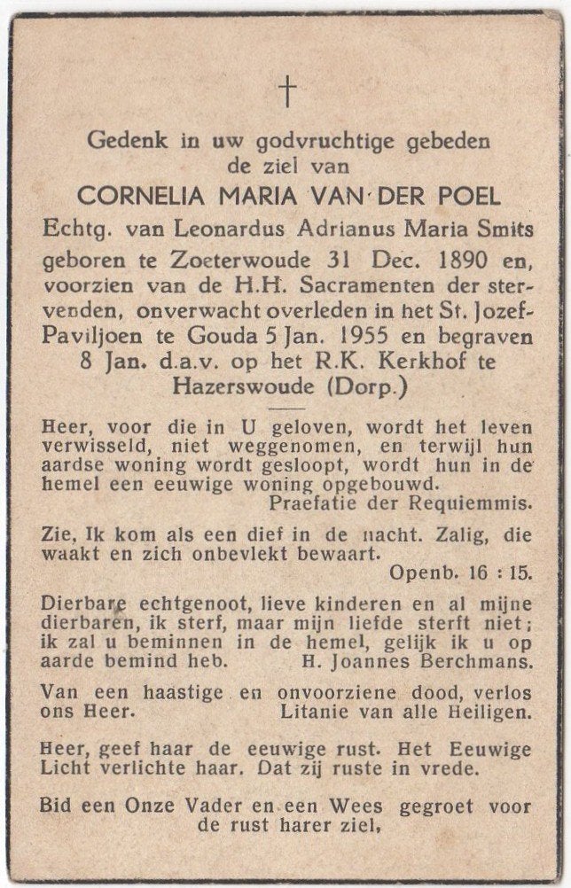 Cornelia M. v.d. Poel 1890 Zoeterwoude + 1955 Gouda, 64 jaar, Verzenden