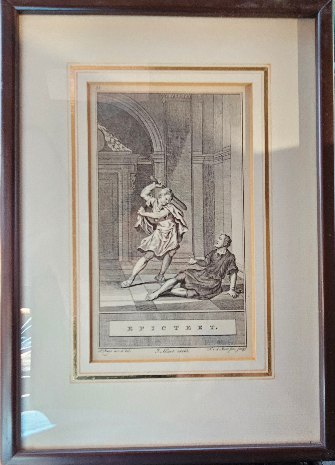 Antieke Gravure 'Epictetus' door N.R.d. Meer Jun. (18e eeuw), Antiek en Kunst, Mythologie, Ingelijst, Ophalen of Verzenden, Gravure