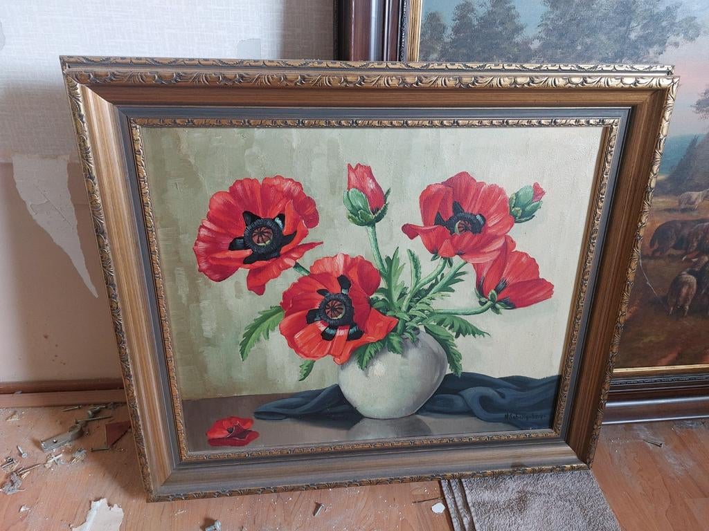 Schilderij met klaprozen, gesigneerd M. Schallenberg, Ophalen of Verzenden