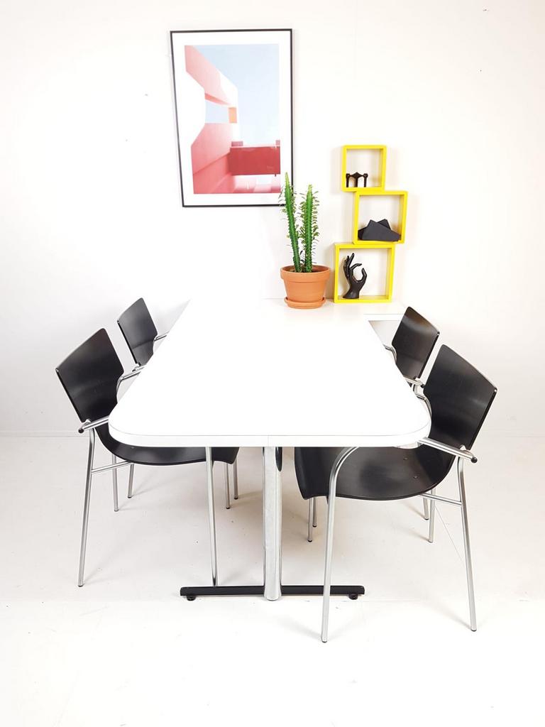Vintage eettafel en stoelen SETPRIJS zwart / wit chroom, Gebruikt, ., Vintage, .