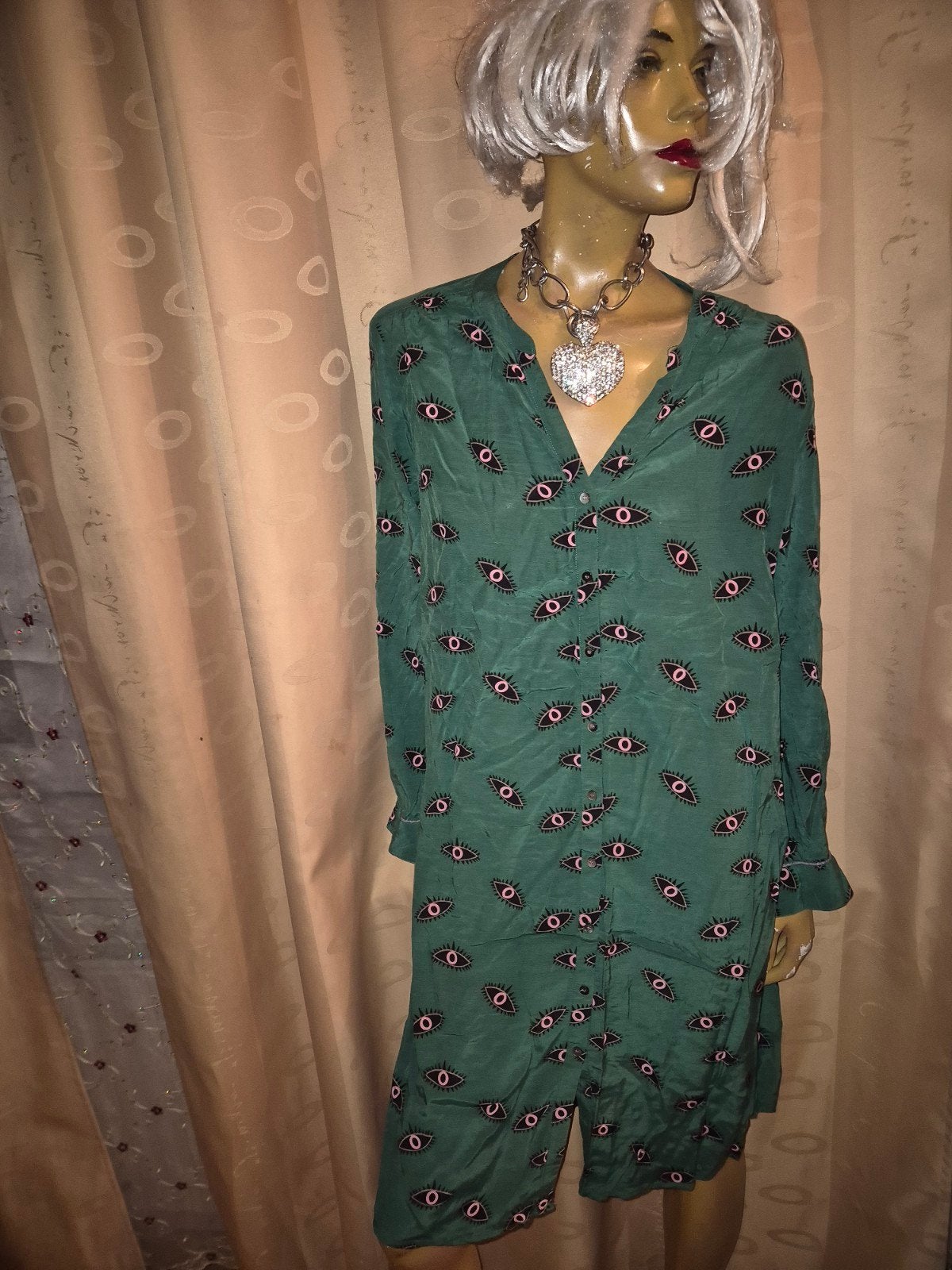 Groene blousejurk met ogenprint rue femme maat L zgan, Kleding | Dames, Rue femme, Maat 42/44 (L), Ophalen of Verzenden, Zo goed als nieuw