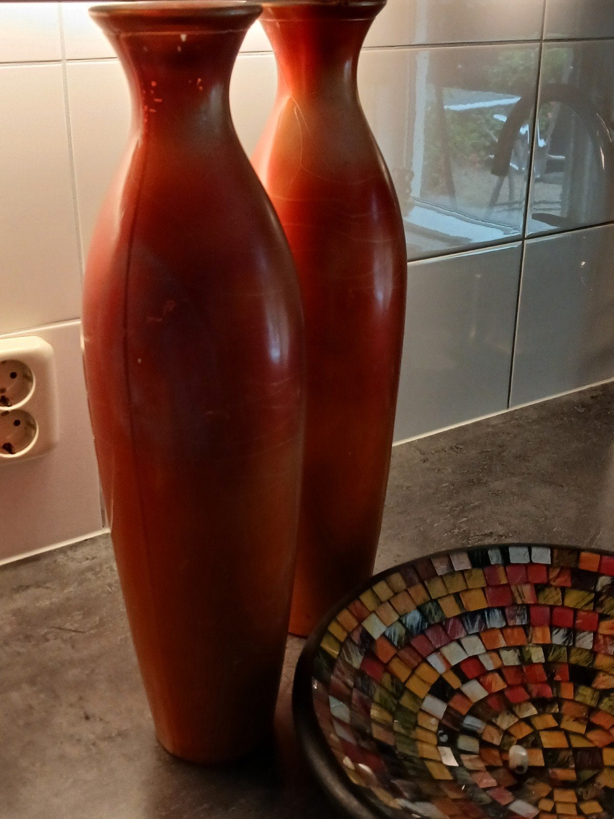 Mozaïek schaal en rood/oranje vazen (ook los te koop), Gebruikt, Met patroon/structuur, Ophalen of Verzenden, Glas