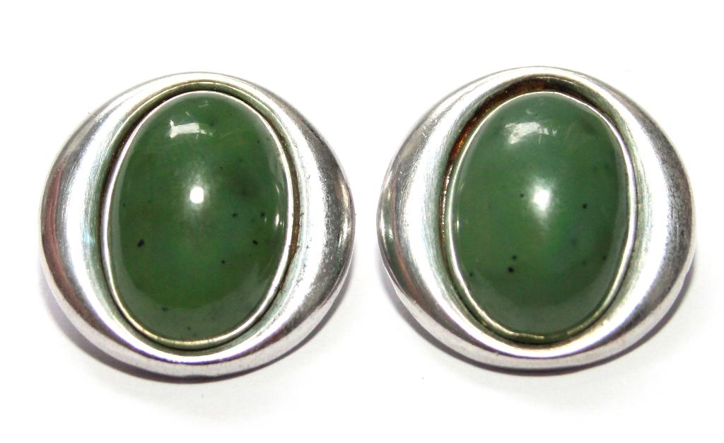 Paar Prachtige Ovale Zilver & Jade Oorbellen, Sieraden, Tassen en Uiterlijk, Antieke sieraden, Ophalen of Verzenden, Zilver, Oorbellen