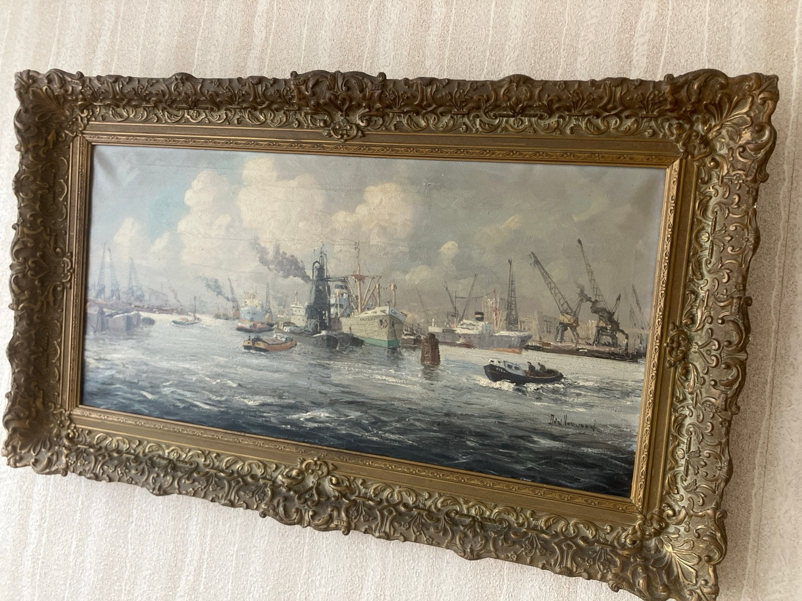 Olieverfschilderij havengezicht met schepen en kranen, Ophalen