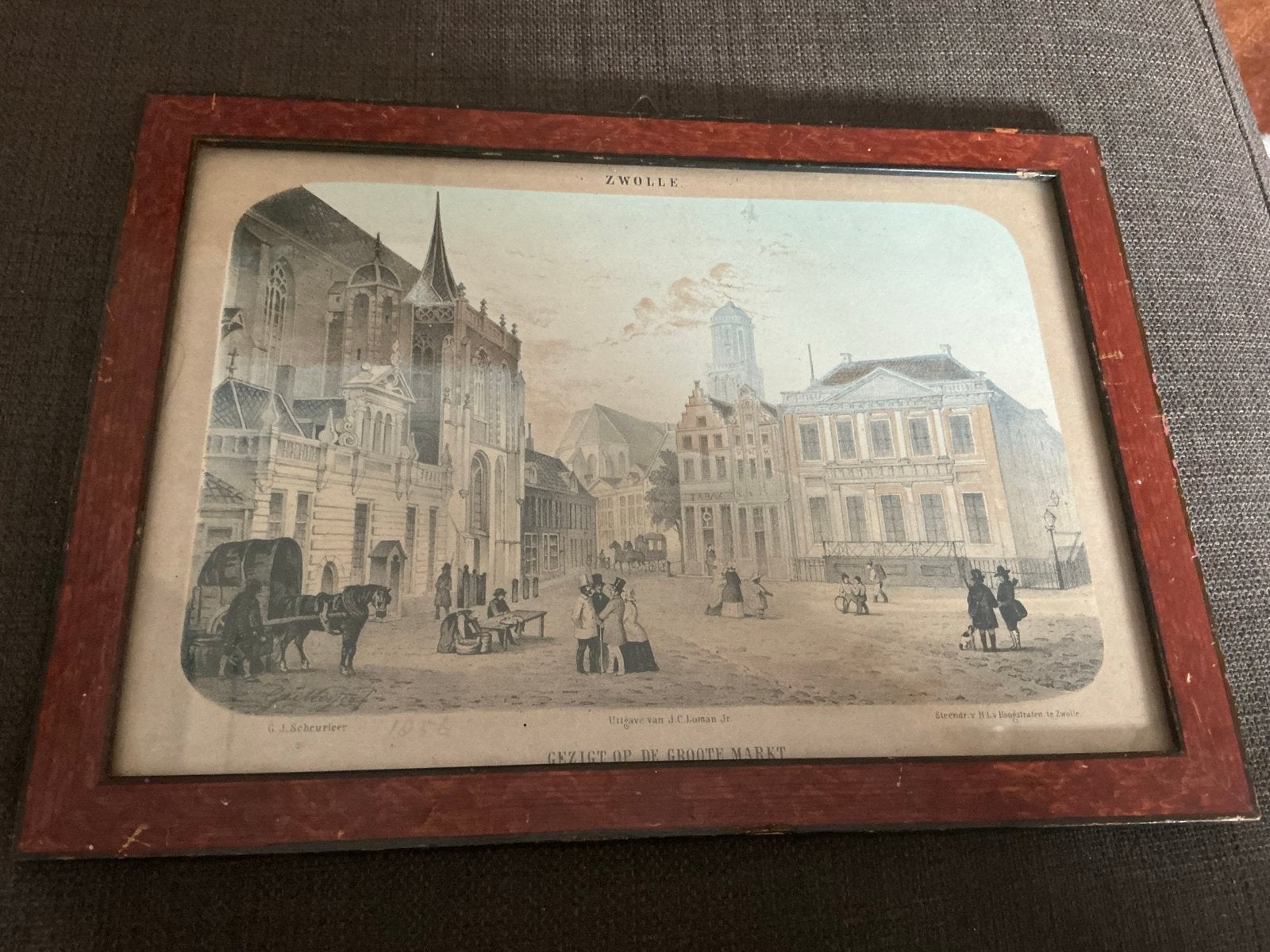 Antieke prent Zwolle, Gezicht op de Grote Markt, 1800 - 1899, Met tekst, Stadsgezicht, Ophalen of Verzenden