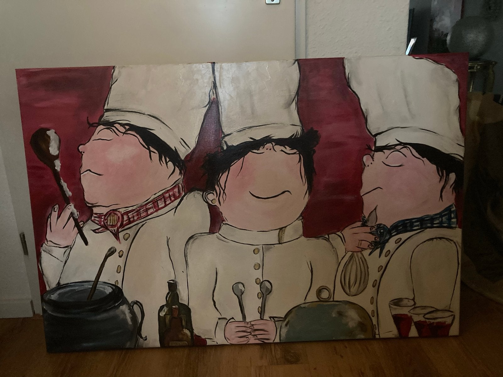 Schilderij "3 koks" - Geïnspireerd door Gerdine Duijsens, Ophalen, Handgeschilderd, Textiel, Figuren