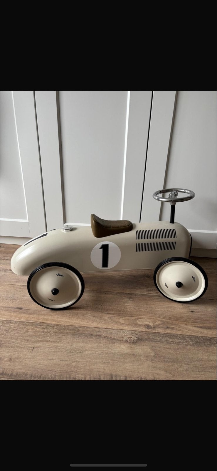 Vintage Loopauto Raceauto - Crème met nummer 1, Ophalen, Zo goed als nieuw, Loopvoertuig