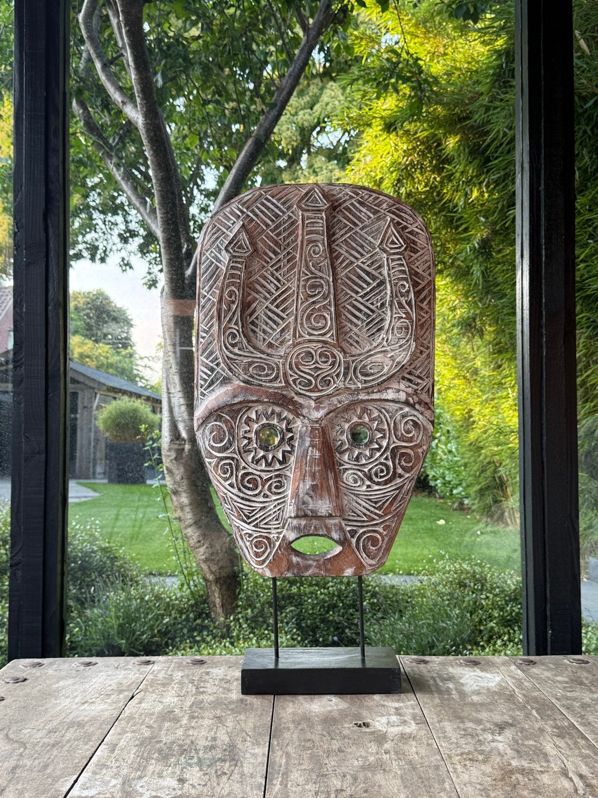 Uniek houten masker op voet XL - Handgesneden decoratie, Bruin, Masker, Gesneden, Ophalen