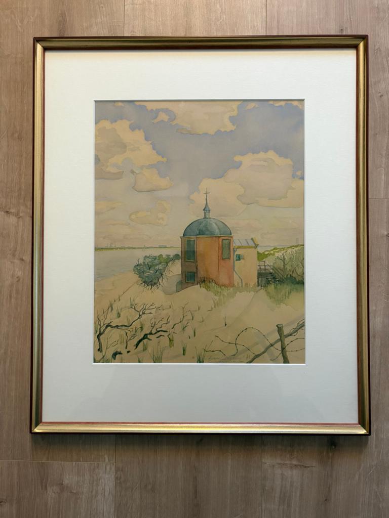 Aquarel Koepel Oostvoorne in mooie lijst, Antiek en Kunst, Ophalen of Verzenden