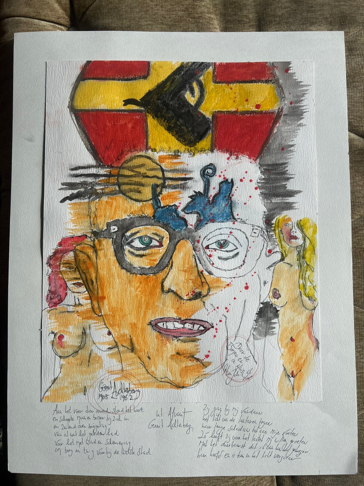 Vintage Tekening Kunstwerk Rik v Schaik / Gerrit Achterberg., Antiek en Kunst, Ophalen, Tekening, Potloodtekening, Handgemaakt