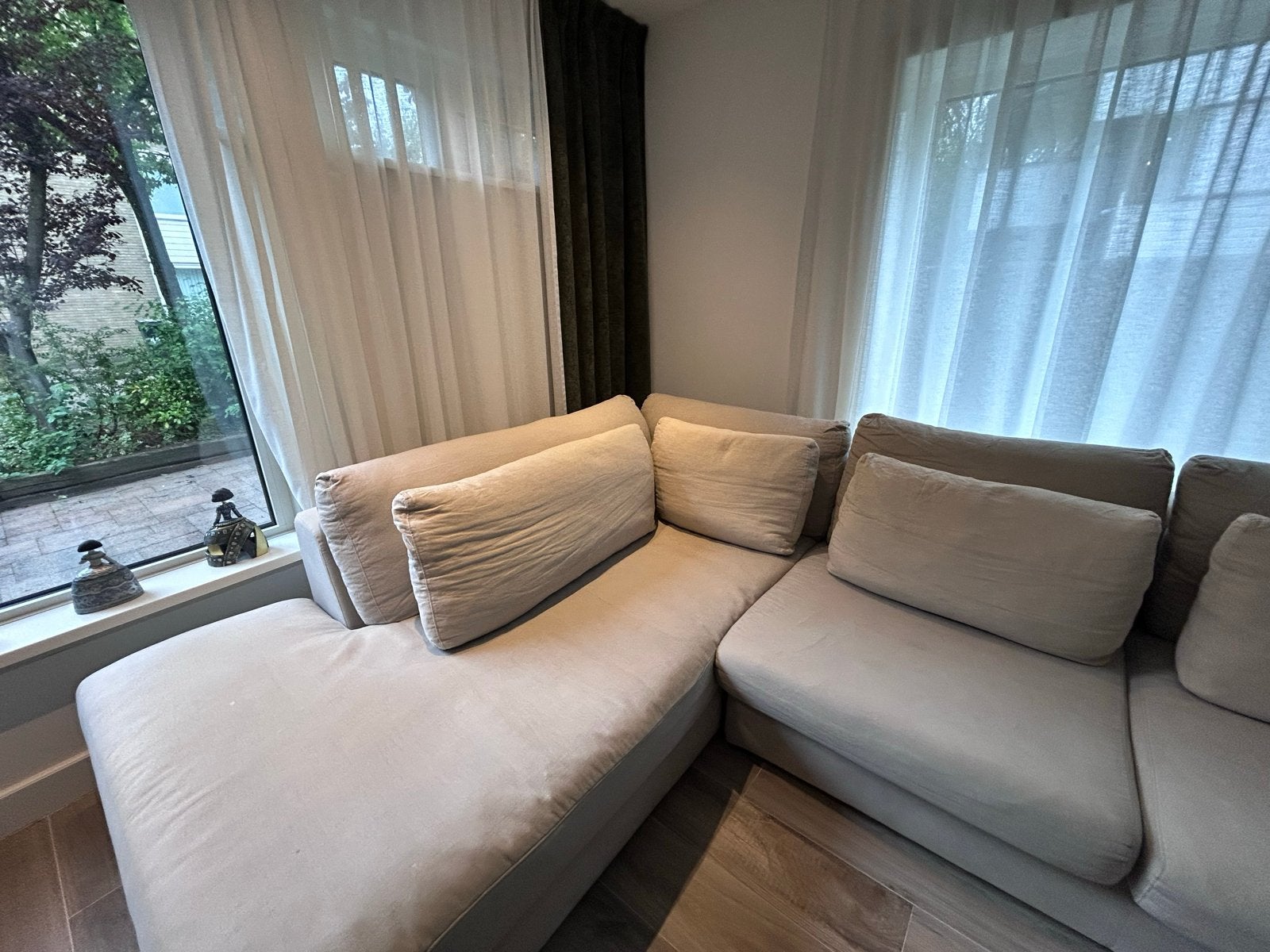 Hoekbank met Longchair - Beige Stof, Ophalen, Gebruikt, 100 tot 125 cm, Hoekbank