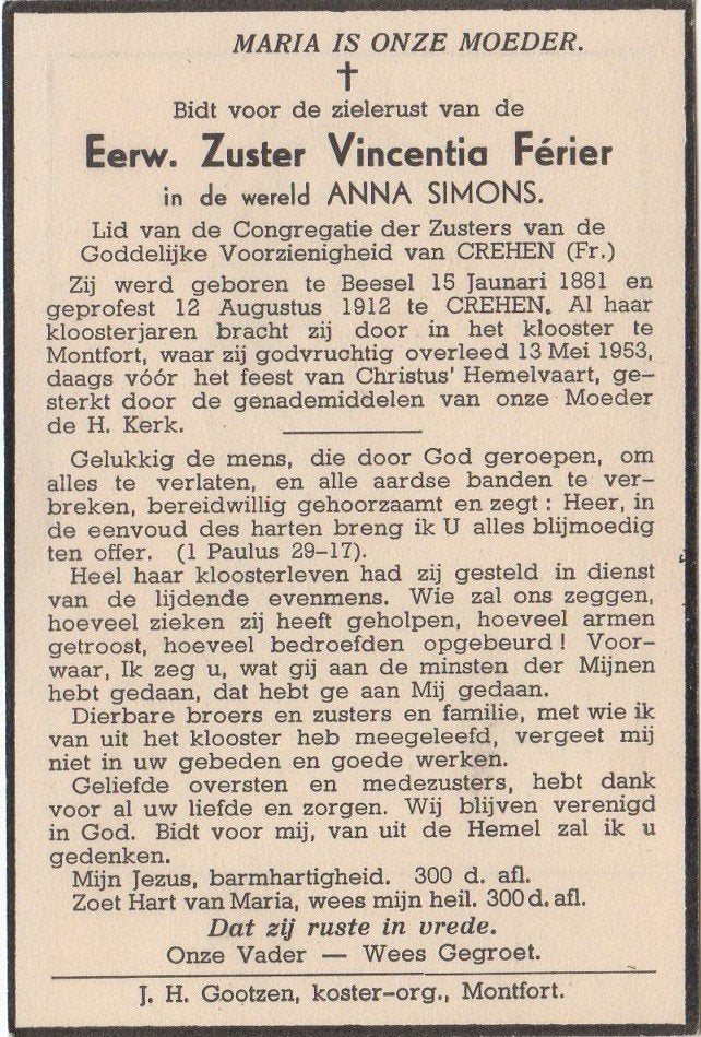 zr. Anna Simons 1881 Beesel + 1953 Montfort, 72 jaar oud, Verzenden