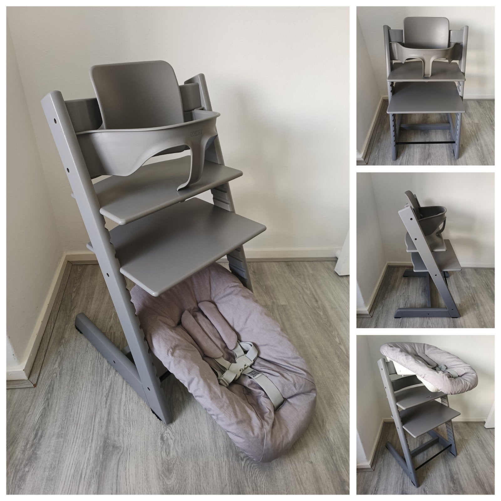 ZGAN!Stokke Tripp Trapp storm grey+babyset,2standen newborn, Meegroeistoel, Ophalen of Verzenden, Zo goed als nieuw, X