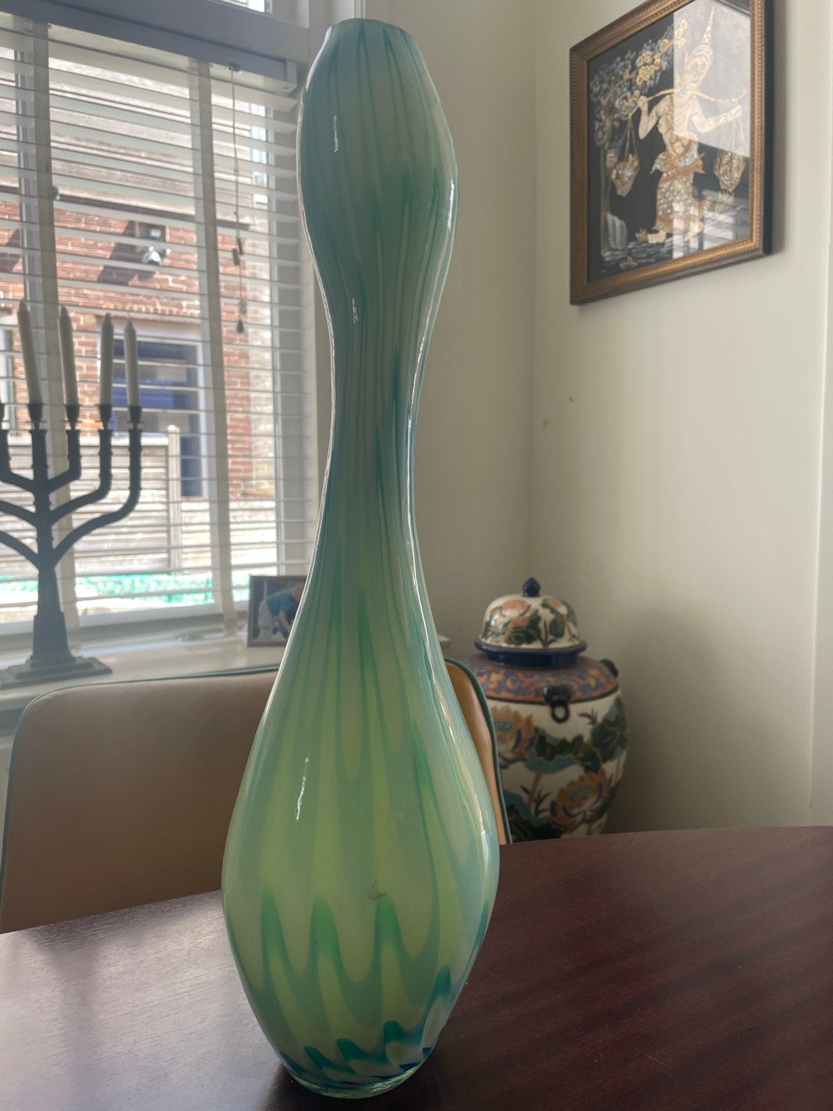Unieke glazen vaas, turquoise en geelgroen, 40 cm hoog, Ophalen