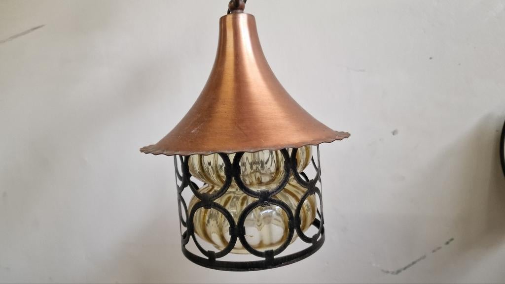 Vintage Koperen Hanglampen met Glas en Smeedijzer, Ophalen of Verzenden