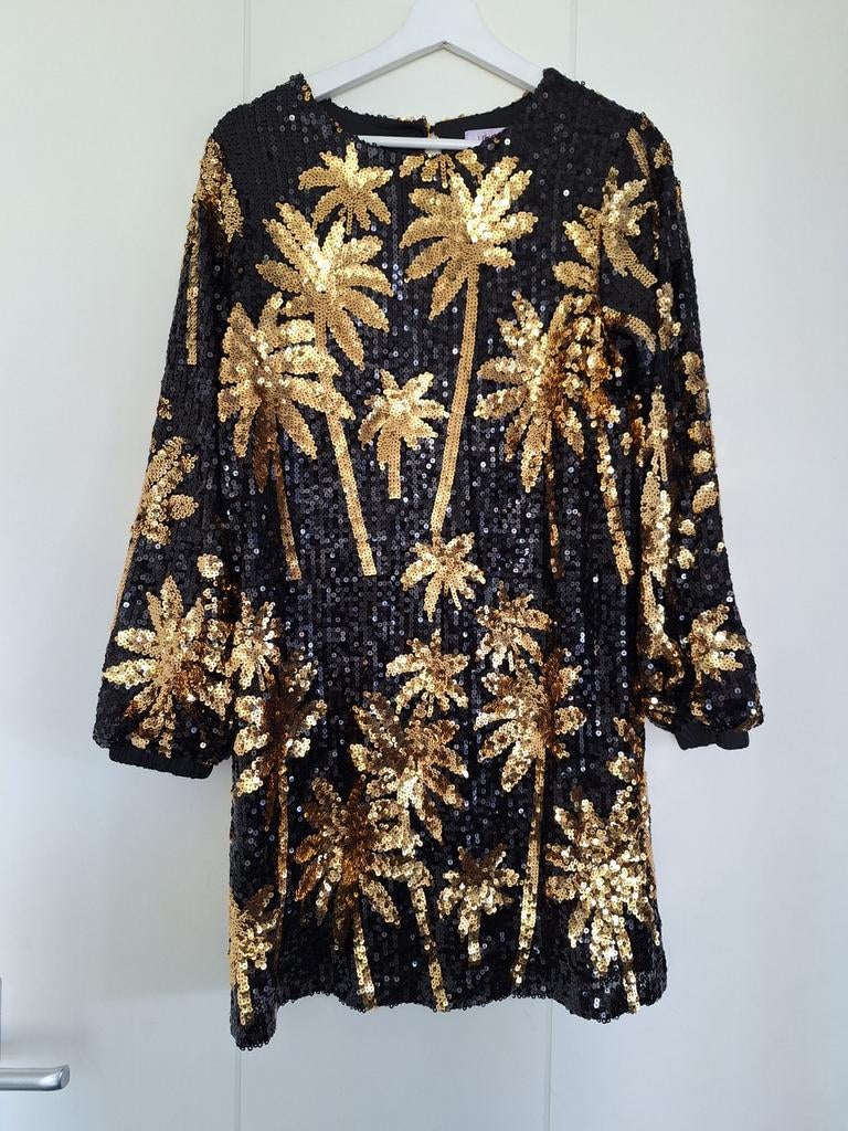 Zwarte pailletten jurk met gouden palmbomen, maat 42, Ophalen of Verzenden, Gedragen, Maat 42/44 (L), Zwart